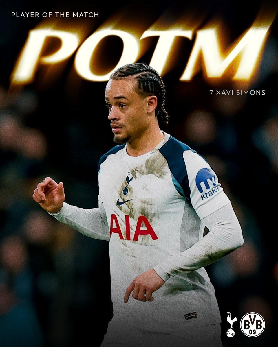 亚博中国官网-热刺官方：哈维-西蒙斯当选与多特一役队内最佳球员